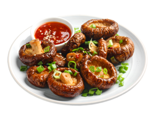 Hot fried shiitake mushrooms with green onions and spicy sauces on plate isolated on transparent png