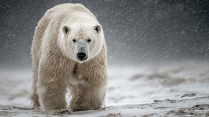 Majestic Polar Bear Walking Through Snowy Landscape in Blizzard Conditions