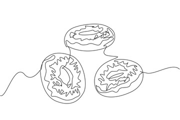 A continuous line drawing of three donuts, symbolizing a food concept of sweetness, fun, and indulgence, representing National Donut Day celebration with creativity and joy worldwide.