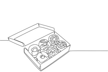Single line drawing of an open donut box filled with assorted flavors, symbolizing a food concept of variety, sharing, and happiness, created for National Donut Day celebration worldwide.