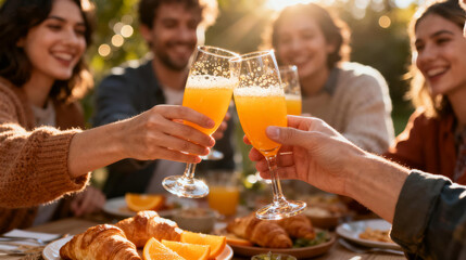 Group of cheerful friends toasts with orange juice at an outdoor brunch, enjoying pastries and a joyful, sunlit gathering.