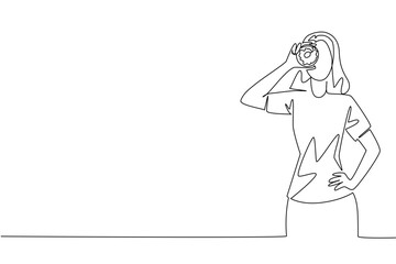 Single line drawing of a woman holding a donut playfully over her eye, symbolizing joy and sweetness, representing food concept artwork for National Donut Day celebration.