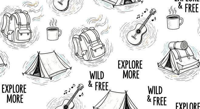 Camping adventure seamless pattern with travel elements and text.