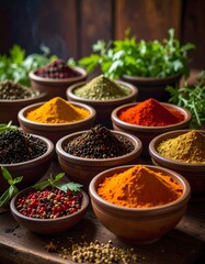 Fototapeta premium Assortment of Spices in Wooden Bowls, Culinary Herbs, and Rustic Tabletop Composition.