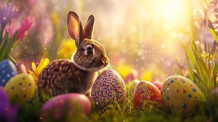 Rabbit in spring meadow with easter eggs