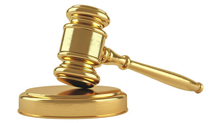 Shiny golden auctioneer gavel resting on a matching sound block for legal concepts