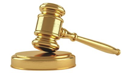 Shiny golden auctioneer gavel resting on a matching sound block for legal concepts