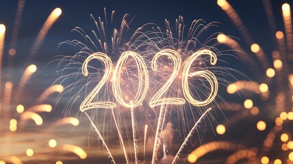 Golden 2026 numbers float in a dusky sky with blurred bokeh fireworks new year celebration