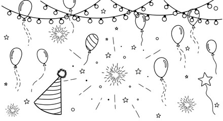 Obraz premium Hand-drawn doodle of festive party elements including balloons, string lights, and a party hat.
