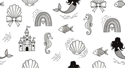 Whimsical Underwater World with Mermaids Castles and Sea Creatures. © Alhakbin