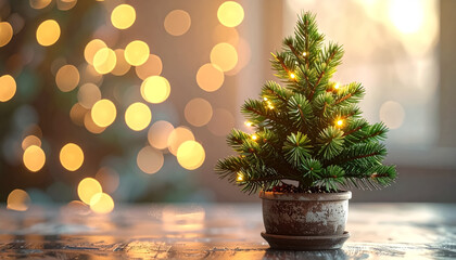 Small potted pine tree decorated with subtle warm fairy lights