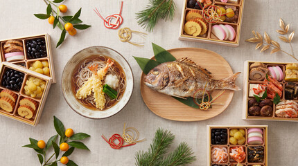 Japanese new year osechi-ryori feast and soba noodles