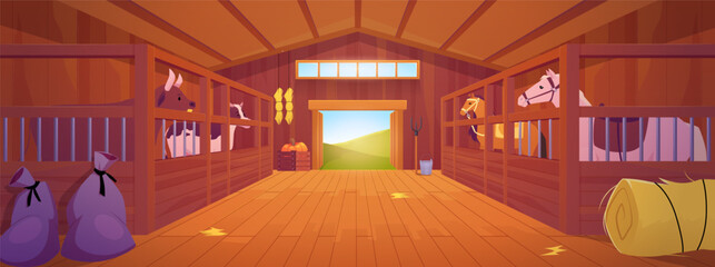 Wooden barn interior, vector cartoon horse, cow bull, haystack, crop bags, garden tools, farming cattle stable building © sabelskaya