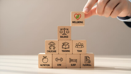 Business Strategy and Organization Icons: Stacking Blocks with Workspace Hand