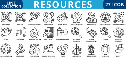 Resources icon set outline style icon set collection vector illustration