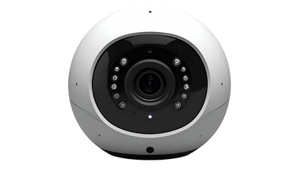 White spherical camera with visible lens and LED lights