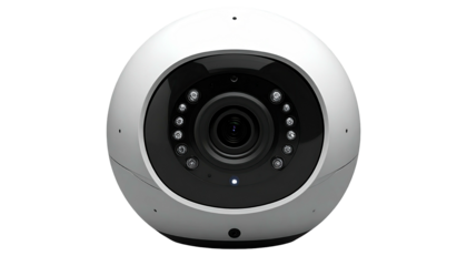 White spherical camera with visible lens and LED lights