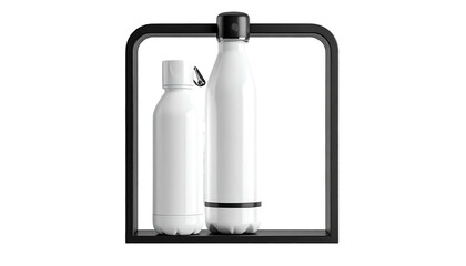 Two white water bottles in a black square stand against a black background