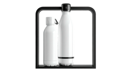 Two white water bottles in a black square stand against a black background