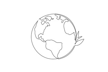 One line drawing of Earth with leaves symbolizing World Caring Day, highlighting peace, sustainability, and environmental responsibility in a health concept design.