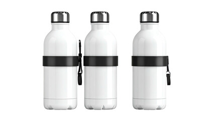 Three identical white water bottles with black straps and silver lids
