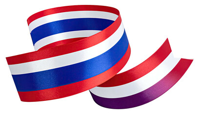 A flowing ribbon with blue, red, white, and purple stripes, against black