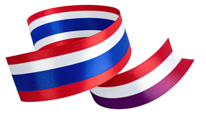A flowing ribbon with blue, red, white, and purple stripes, against black