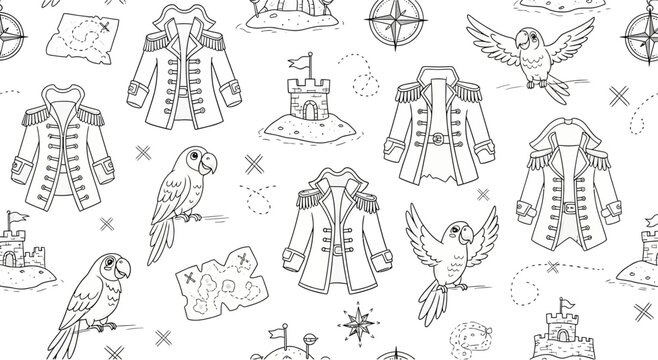 Pirate themed seamless pattern featuring coats, parrots, maps and island castles.