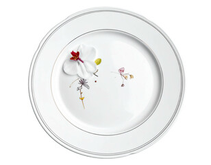 Pristine white plate adorned with delicate orchid blooms