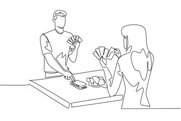 One line drawing of a couple playing card games at a table, symbolizing strategy, bonding, and fun. This flat minimalist art focuses on entertainment concept for International Tabletop Day.