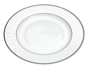 Top view of a pristine white plate with a patterned rim and silver trim