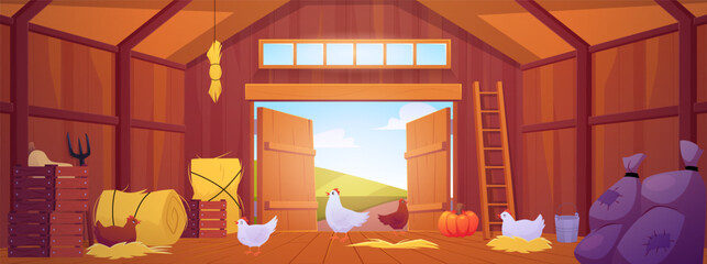 Wooden barn interior, vector cartoon haystack, chicken coop, crop bags, garden tools, farming rural building © sabelskaya