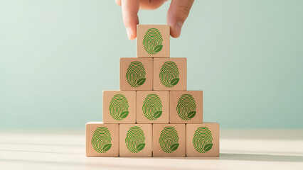 Sustainable Growth and Green Icons: Stacked Blocks with Leaf Symbols and Hand Placement
