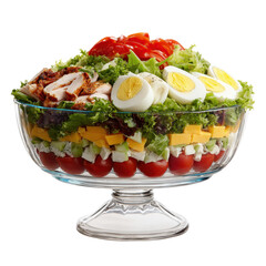 Colorful layered salad in a glass bowl with fresh ingredients. or transparent background