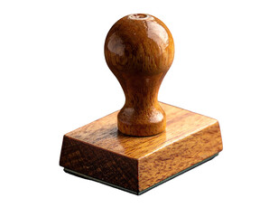 A close-up of a wooden stamp with a round handle, isolated on black