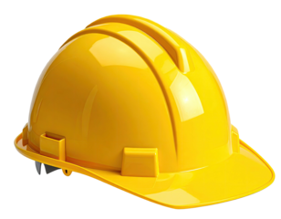 A vibrant yellow protective hardhat, isolated on a transparent background
