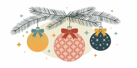 Festive christmas ornaments hanging from pine branches with sparkling holiday accents