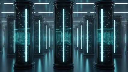 Futuristic data center with glowing blue server racks in dark tech room