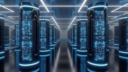 Futuristic data center with glowing blue server racks in a tech facility blue lights