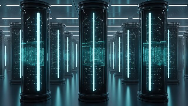 Futuristic data center with glowing blue server racks in dark tech room - Powered by Adobe