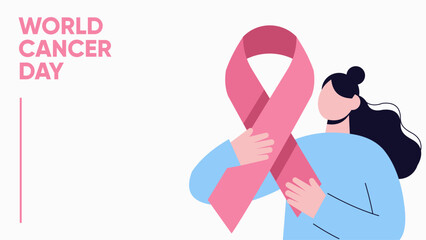 World Cancer Day Awareness Illustration with Person Raising Cancer Ribbon