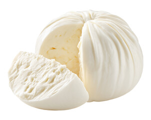 Fresh white mozzarella ball with cut piece, isolated on transparent background