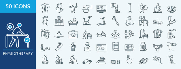 Fototapeta premium Editable 50 physiotherapy icons for web and mobile. Set of physiotherapy included icons line rehabilitation, foot massage, gymnastics, exercise ball, massage