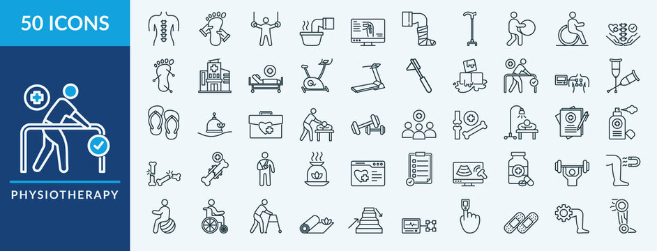Editable 50 physiotherapy icons for web and mobile. Set of physiotherapy included icons line rehabilitation, foot massage, gymnastics, exercise ball, massage - Powered by Adobe