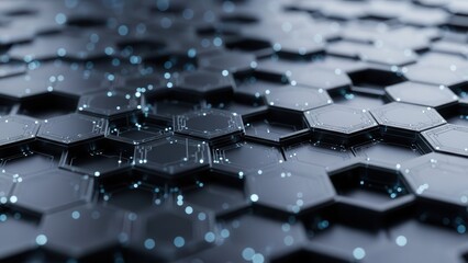 Hexagonal digital circuit pattern with blue glowing particles on dark background hexagons grid