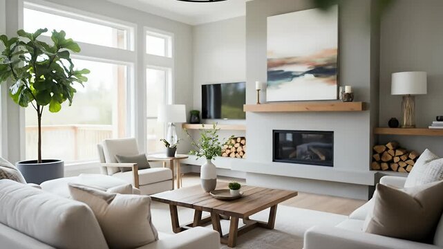 A beautifully appointed and spacious living room is showcased, bathed in abundant natural light streaming through large windows. This modern interior boasts a sophisticated neutral color palette, feat