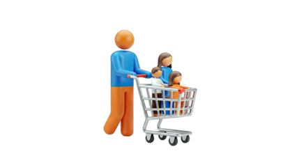 Family Shopping: Father Pushing Shopping Cart with Children