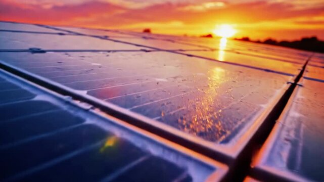 Solar panel with raindrops reflecting sunset light