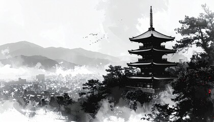Obraz premium 清水寺と京都市街を描いた墨絵風景