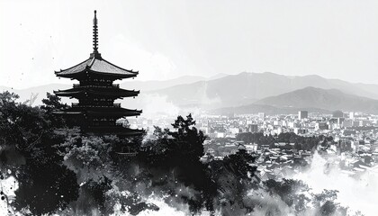 Obraz premium 清水寺と京都市街を描いた墨絵風景